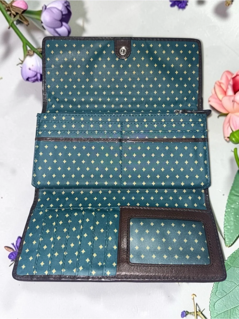 FOSSIL FLORAL PRINT BROWN CLUTCH WALLET ZIP POCKET MULTICOLOR